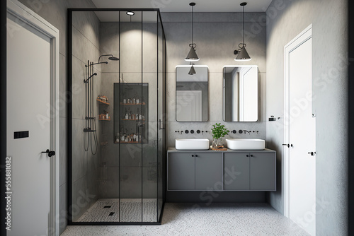 Modern bathroom corner with gray walls, a concrete floor, a mirror topped double sink, a gray cabinet, and a glass enclosed shower. Generative AI
