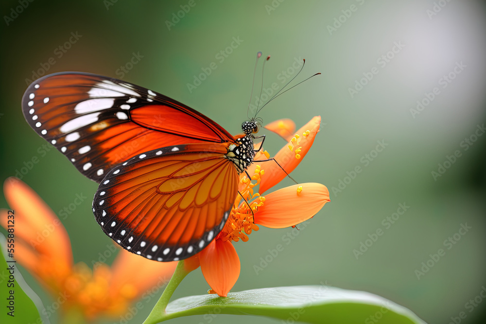 Obraz premium An orange butterfly perched vertically on a flower is shown in close up. Generative AI