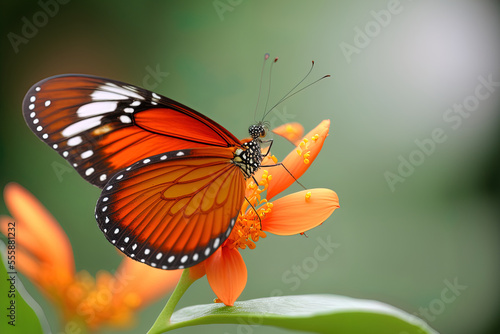 An orange butterfly perched vertically on a flower is shown in close up. Generative AI © 2rogan