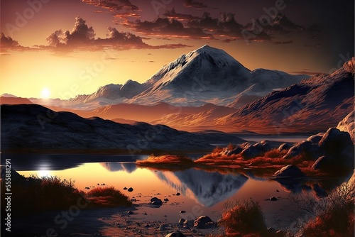 Mountain landscape stock photo Landscape - Scenery, Nature, Mountain, Scenics - Nature, Sunset. Generative AI