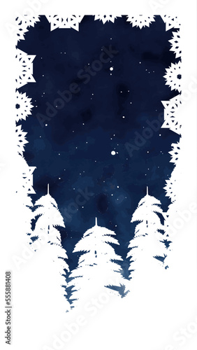 Vector illustration. Winter starry sky background with watercolor effect. Design elements template for card, invitation, social media stories, discount voucher and other.