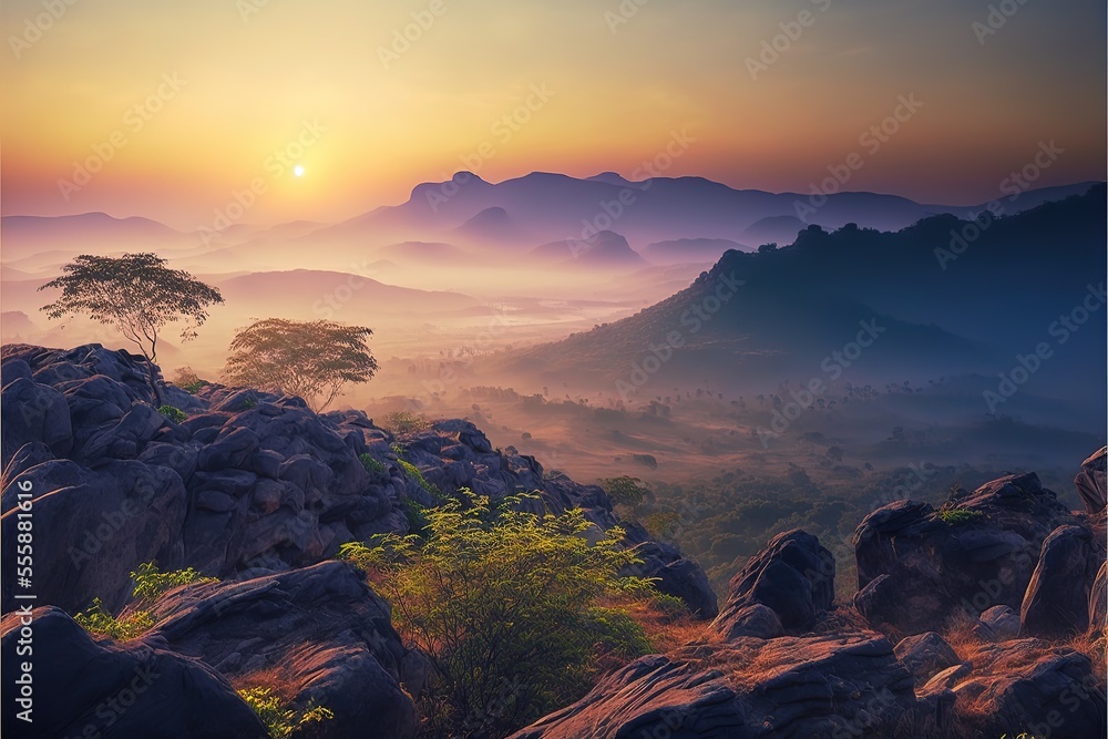 Sunrise in the mountains, panorama landscape, natural background, Preah Vihear Thailand.Mist in the morning. Generative AI