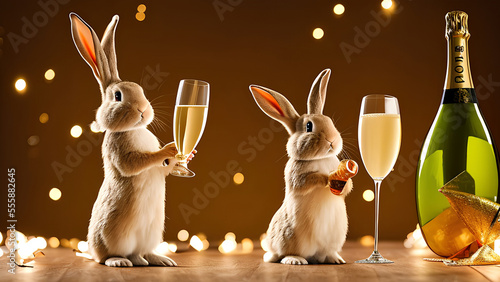 Rabbits drinking champagne on New Year's Eve party