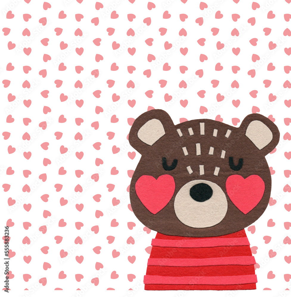 Felt bear with heart-shaped cheeks and striped T-shirt and on a background of hearts Felt bear with heart-shaped cheeks and striped T-shirt and on a background of hearts