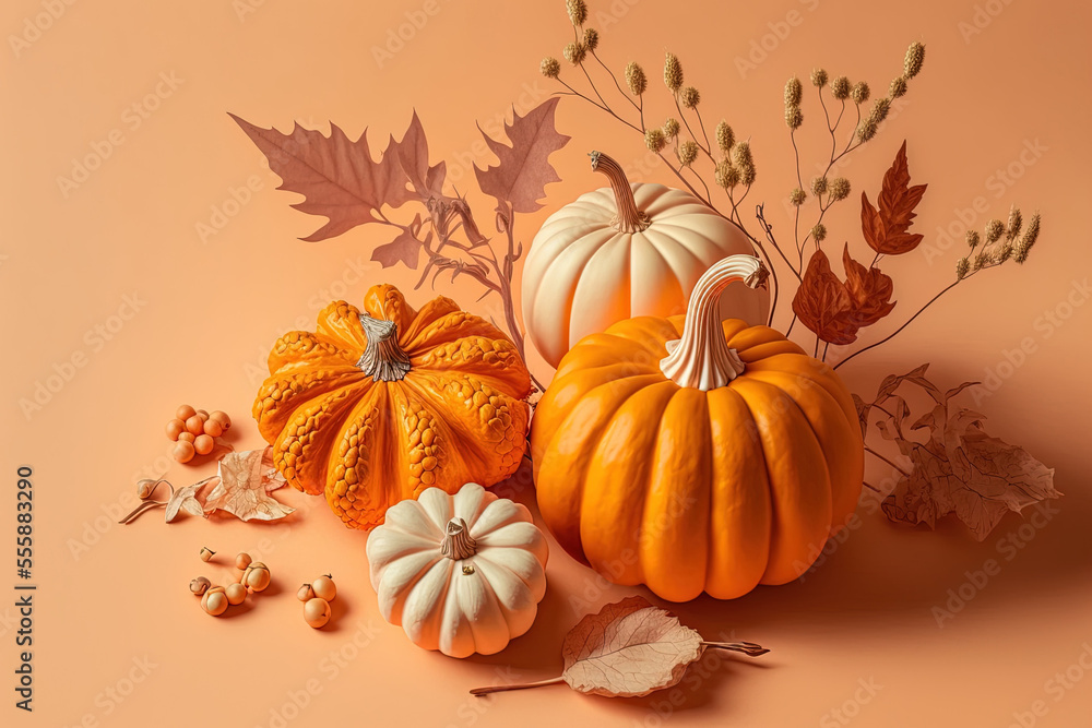 Naklejka premium Arrangement for autumn Pumpkins with dried leaves on a white and orange backdrop. Concept of autumn, fall, and Thanksgiving still image Vertical anime style image. Generative AI