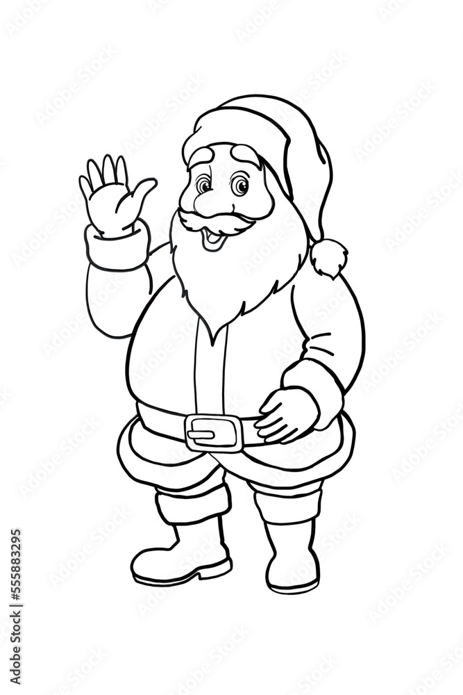 Outline Style Hand Drawn Happy Cute Santa Claus Illustration Isolated on white background Vector design element for Christmas and new year Colorful Cute Santa Claus Portrait Waving Hand and Laughing