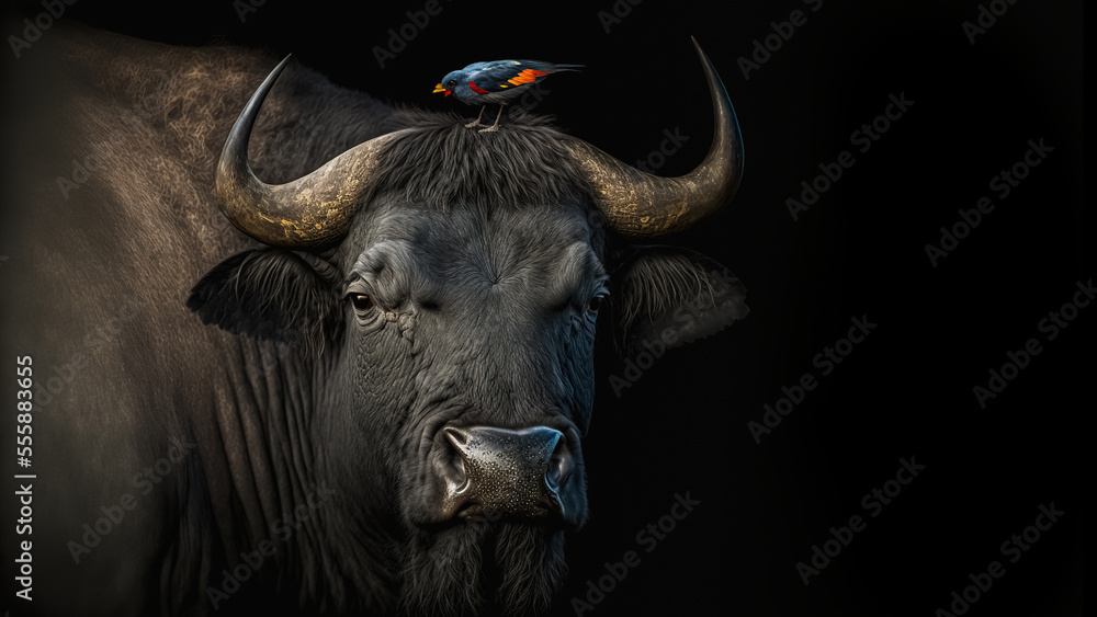 An Majestic African buffalo with a red-billed starling on its horns on black background. digital art An Majestic African buffalo with a red-billed starling on its horns on black background. digital art