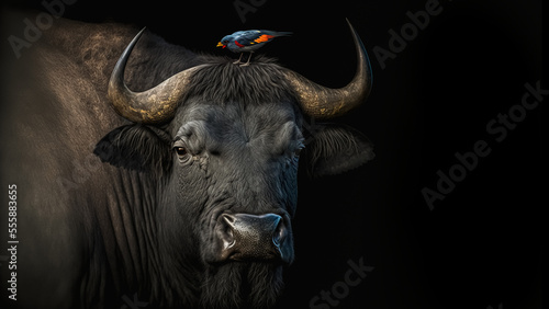 An Majestic African buffalo with a red-billed starling on its horns on black background. digital art 