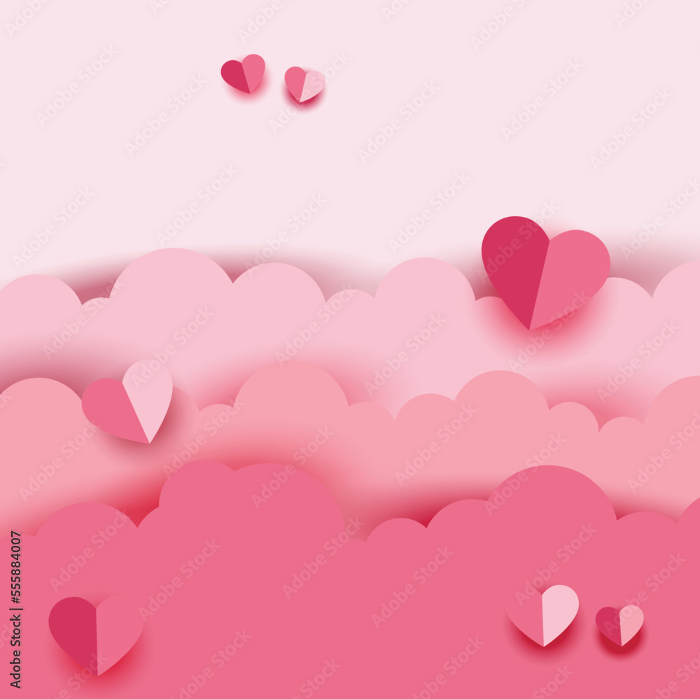 Happy Valentine's day giftcard, beautiful paper cut clouds with 3d red hearts on pink background. Vector illustration. Papercut style. Place for text