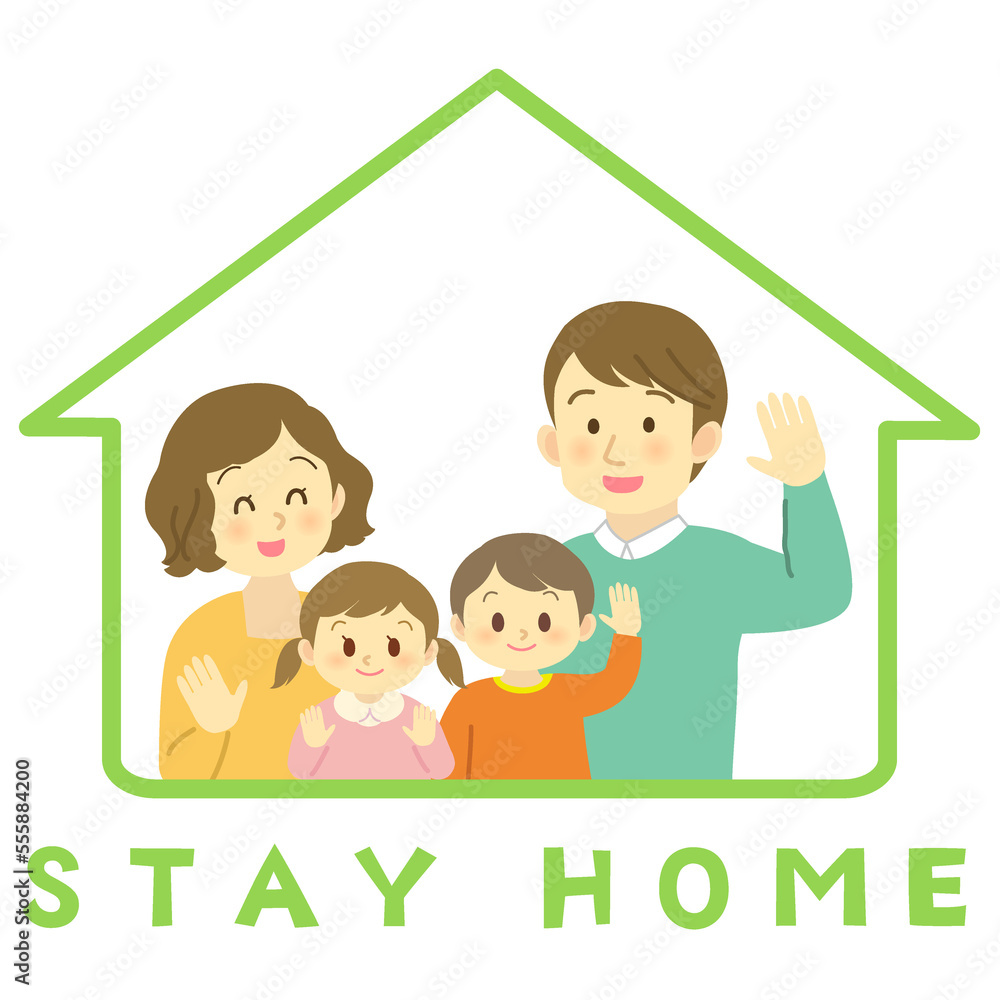 イラスト素材：ステイホームを楽しむ男女の子供を育てる若い夫婦（グリーン）　4人家族（透過背景）
