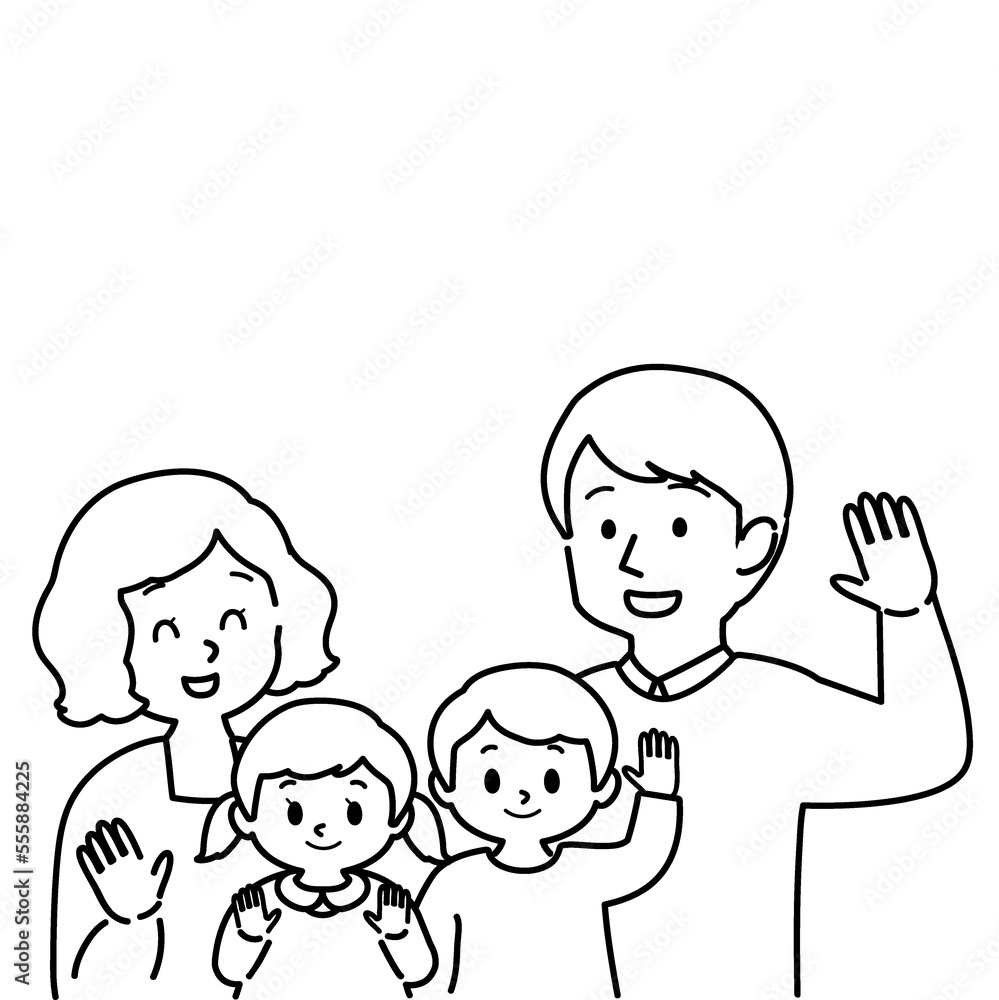イラスト素材：こちらに手を振る男女の子供を育てる幸せな若い夫婦 　4人家族（主線あり/白黒）（透過背景）
