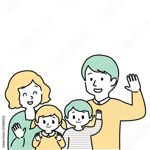 イラスト素材：こちらに手を振る男女の子供を育てる幸せな若い夫婦 4人家族（主線あり/単色）（透過背景） 