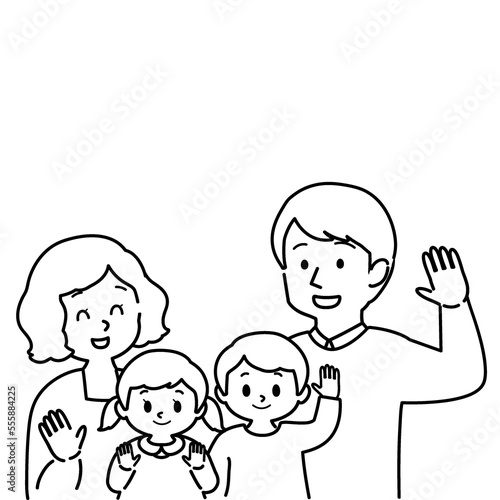 イラスト素材：こちらに手を振る男女の子供を育てる幸せな若い夫婦 　4人家族（主線あり/白黒）（透過背景）
