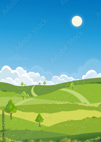 Spring landscape green fields lwith mountain, blue sky and clouds background,Vertical peaceful rural nature in springtime with green grass land.Cartoon vector illustration for spring and summer banner