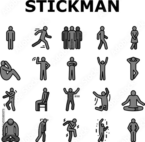 stickman man people silhouette icons set vector. pictogram human, stick person, figure posture, body position male character movement stickman man people silhouette color line illustrations