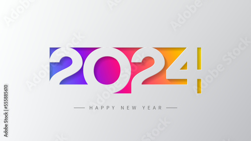 2024 Happy New Year banner. Vector illustration with colorful numbers 2024 with trendy gradient. New Year holiday symbol template on gray background.