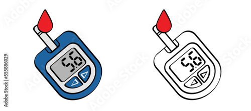 Check blood, glucose meter or glucometer. Blood sugar test, level on display. Diabetes insulin. Device for testing and monitoring level of sugar. Cartoon control and diagnosis of diabetes.
