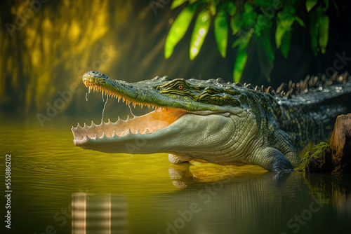 South American nature and wild dangerous wild caiman with fish in mouth in the natural environment wild brasilia brasilian wildlife pantanal green rainforest. Generative AI