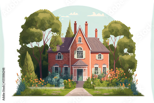 Cute little cottage surrounded by lush vegetation. drawing in a flat style, isolated on a white background. summerfront of a rural home. a brick exterior home with big windows and a chimney. th photo