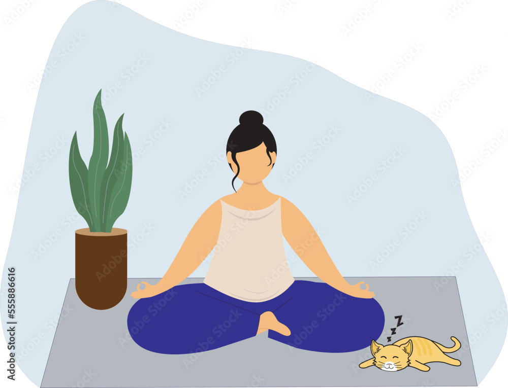 young woman doing yoga with her sleepy cat flat illustration. 