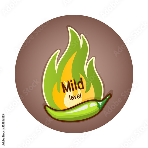 Green chili pepper pod and flame of fire from behind, badge or logo design. Mild hotness or spiciness level. Vector illustration