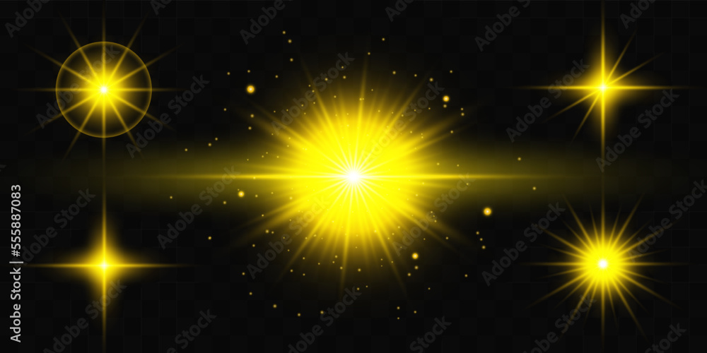 Obraz premium Star shiny light effect vector illustration on transparent background set