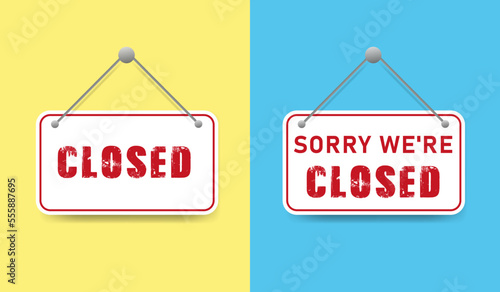 Obraz na płótnie Creative vector illustration sign - sorry, we closed background. Artistic design of a closed banner on a door store template. Signboard with rope w salonie