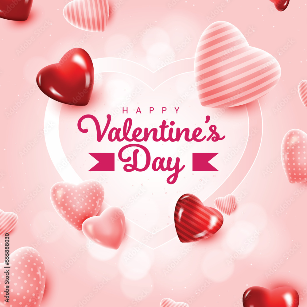 Happy Valentines day greeting card template with 3d hearts