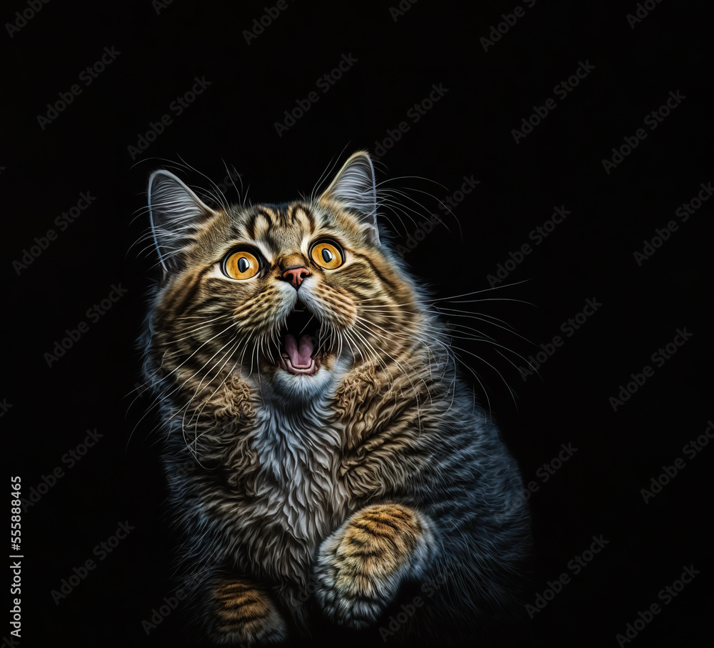 frightened and surprised Gray cat looking up with wide-open eyes, Generative AI illustration frightened and surprised Gray cat looking up with wide-open eyes, Generative AI illustration
