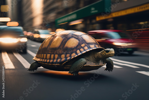 Commuting concept with Very fast turtle running in the streets, Generative AI illustration photo