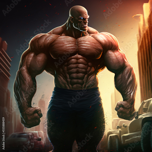 Very muscular cartoon villain standing on city streets, Generative AI illustration © IBEX.Media