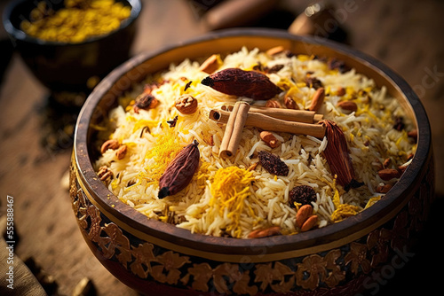 Basmati rice cooked with spices, saffron, and dried fruits to create the Kashmiri pulao. Generative AI