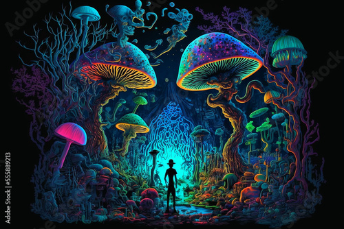magic mushrooms in psychedelic darkness. Generative AI © Kanchana