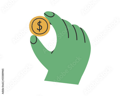 Hand drawn cute illustration of hand with coin. Flat vector giving money to charity in simple colored doodle style. Philanthropy, volunteer, finance sticker, icon or print. Isolated.