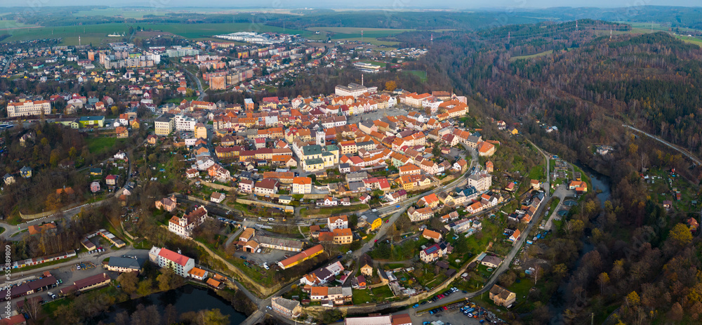 Aerial view of the city Stříbro in the Czech Republic on a cloudy day in autumn .