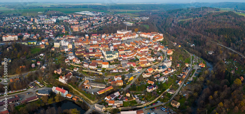 Aerial view of the city Stříbro in the Czech Republic on a cloudy day in autumn .