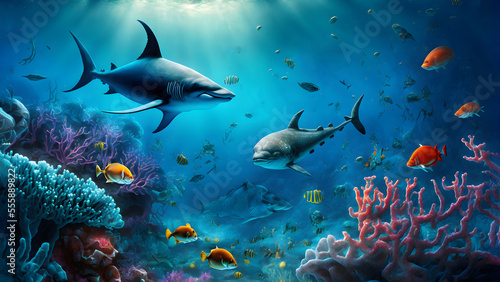 Fényképezés Tropical underwater life of a coral reef, neural network generated art wallpaper