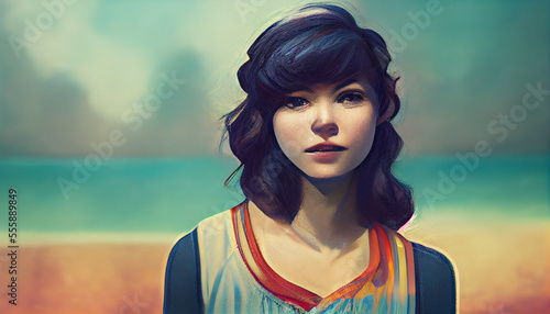 Beautiful Painting of Women at the Beach created with Generative AI technology
