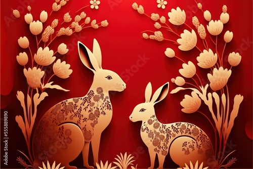 AI generated, Chinese new year concept, banner template design with rabbits and flowers on red background