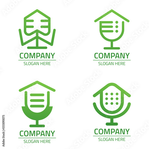 Podcast House Logo Design Set And Microphone Outline Style Vector