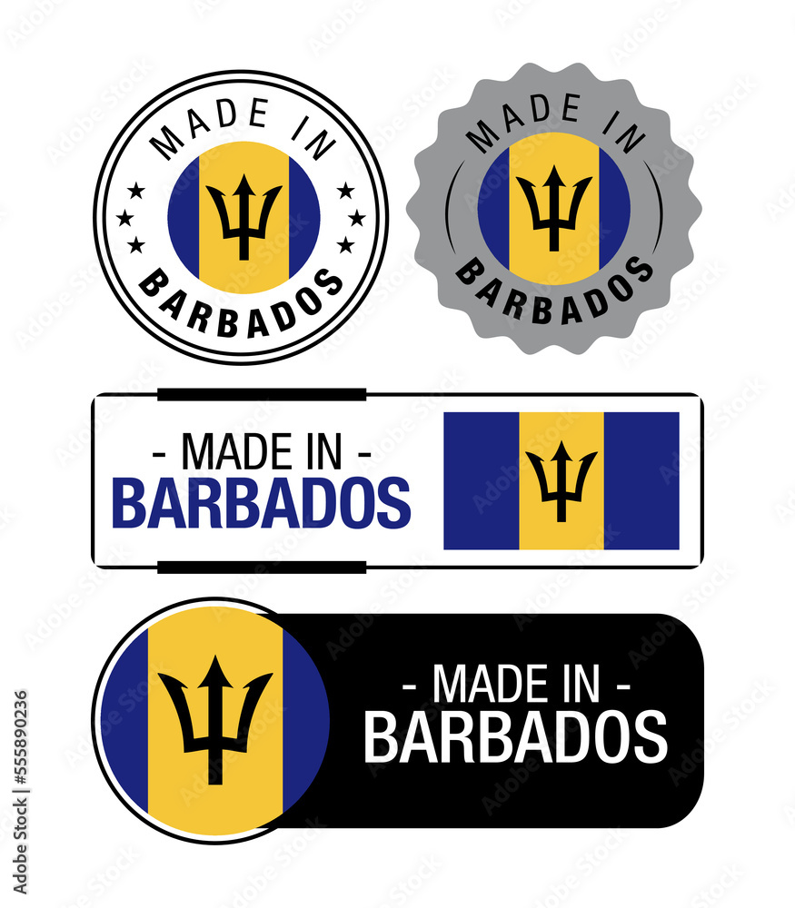Set of Made in Barbados labels, logo, Barbados Flag, Barbados Product Emblem. Vector illustration