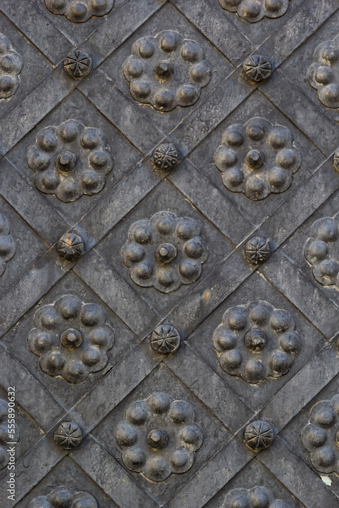 An old metal door, forged gates, rivets on the facade of a cast-iron door, a round handle to open the door, the texture of old iron. An old metal door, forged gates, rivets on the facade of a cast-iron door, a round handle to open the door, the texture of old iron.