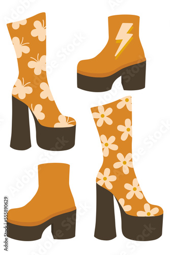 Set of retro boots with heels. Retro hippie boots in the style of the 70s. Vector set of boots with heels. photo