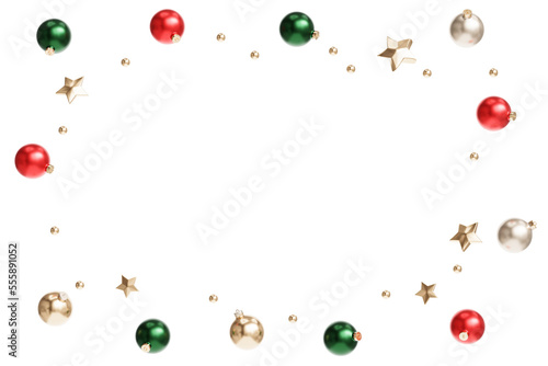 Baubles Christmas frame, holidays card, 3d render