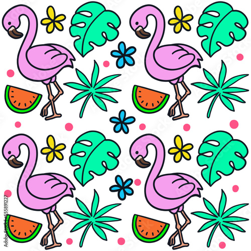 Hand drawn cute flamingo with tropical objects doodle illustration seamless pattern