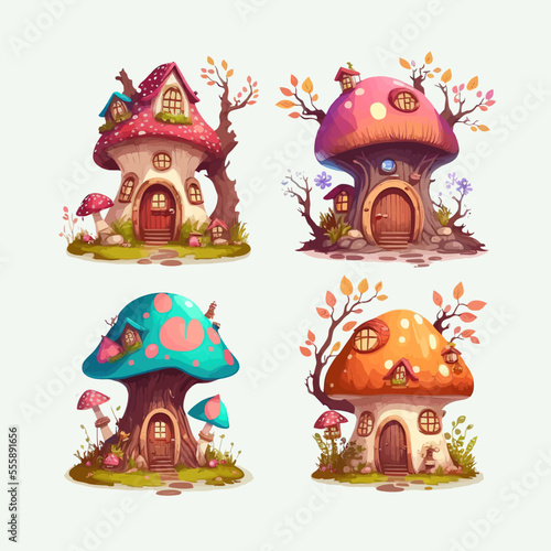Fairy mushroom house, cartoon fairytale tiny forest house. Isolated on background. Cartoon flat vector illustration