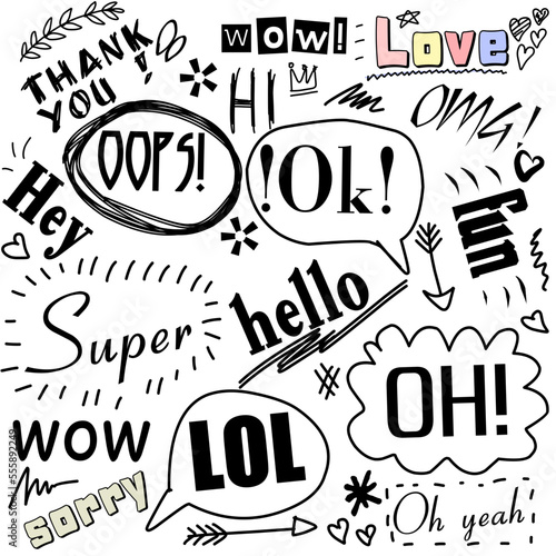 Hand written hello, love, wow, hi, LOL, fun signs in speech bubbles