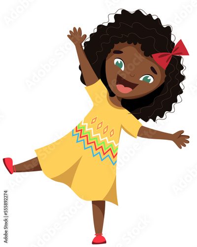 A cheerful African American girl with blue eyes stands on one leg and waves her hand. Good to see you, welcome. Baby in a bright yellow dress.