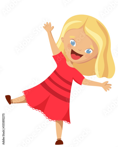 A cheerful blonde girl with blue eyes stands on one leg, waving her hand. Good to see you, welcome. Baby in a red dress.
