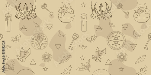 Seamless magic pattern in vector.  Linear background for craft paper.   witch s cauldron  magic ball  keys  crystal. spiritual pentagram